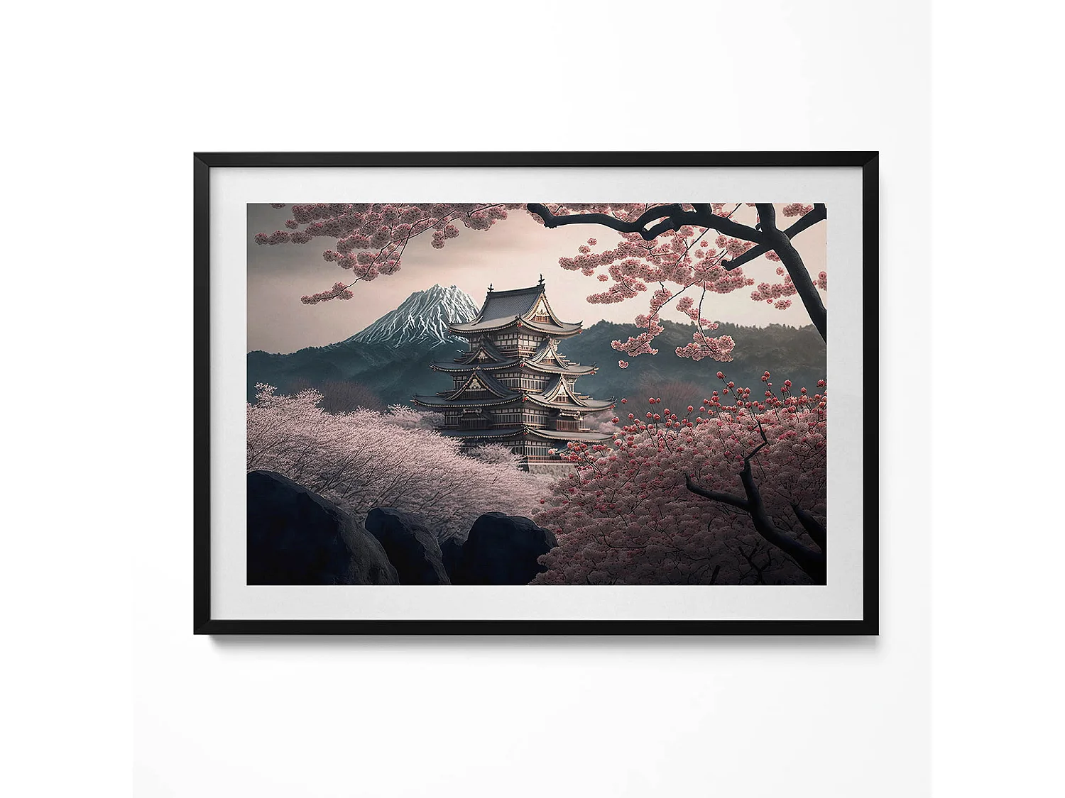 Tableau décoratif avec cadre noir, Tour asiatique et fleurs de cerisier 100 x 70 cm– Parfait pour le salon ou la chambre