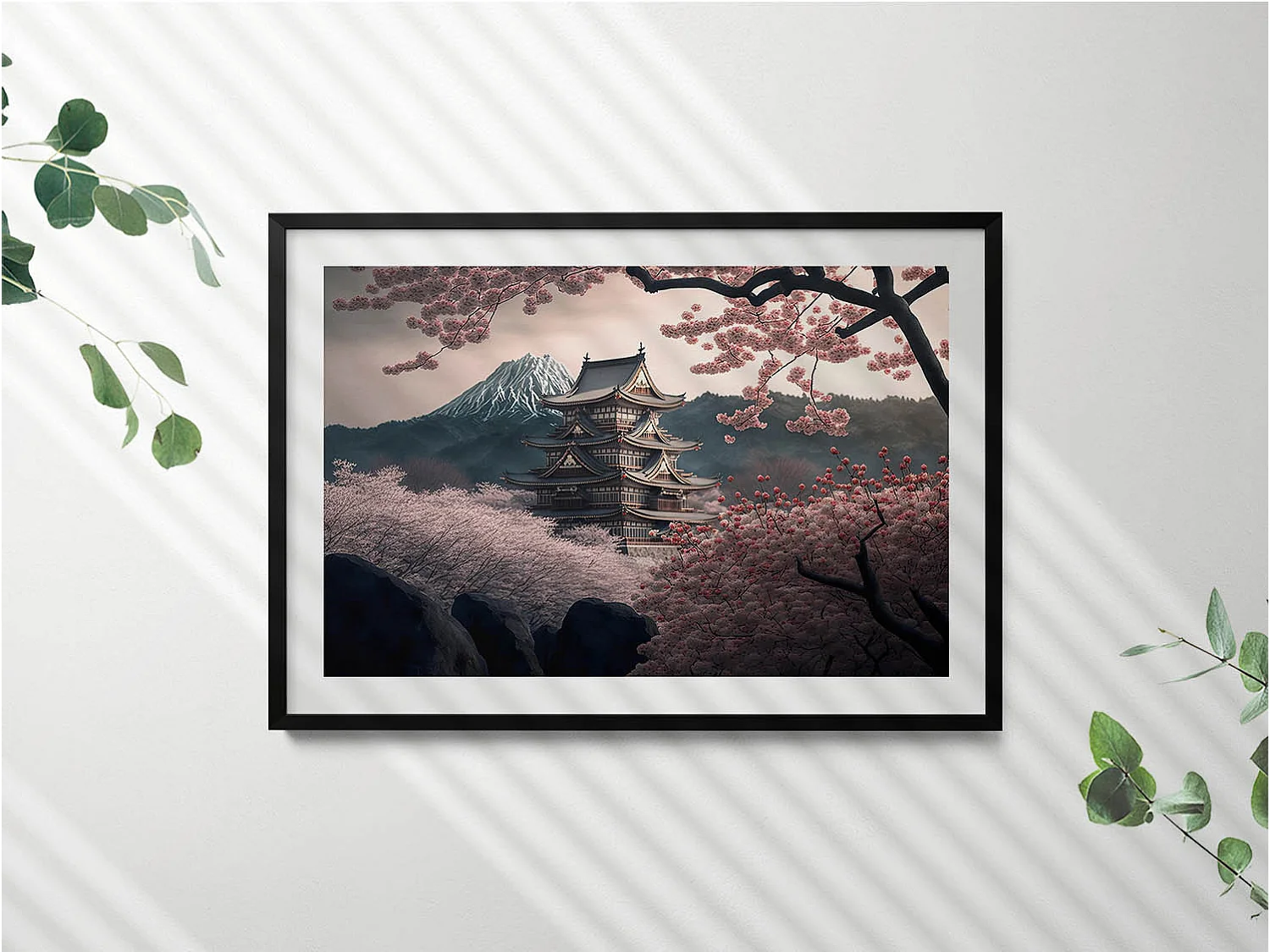 Tableau décoratif avec cadre noir, Tour asiatique et fleurs de cerisier 100 x 70 cm– Parfait pour le salon ou la chambre
