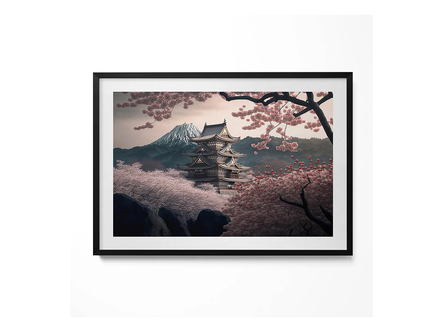 Tableau décoratif avec cadre noir, Tour asiatique et fleurs de cerisier 100 x 70 cm– Parfait pour le salon ou la chambre