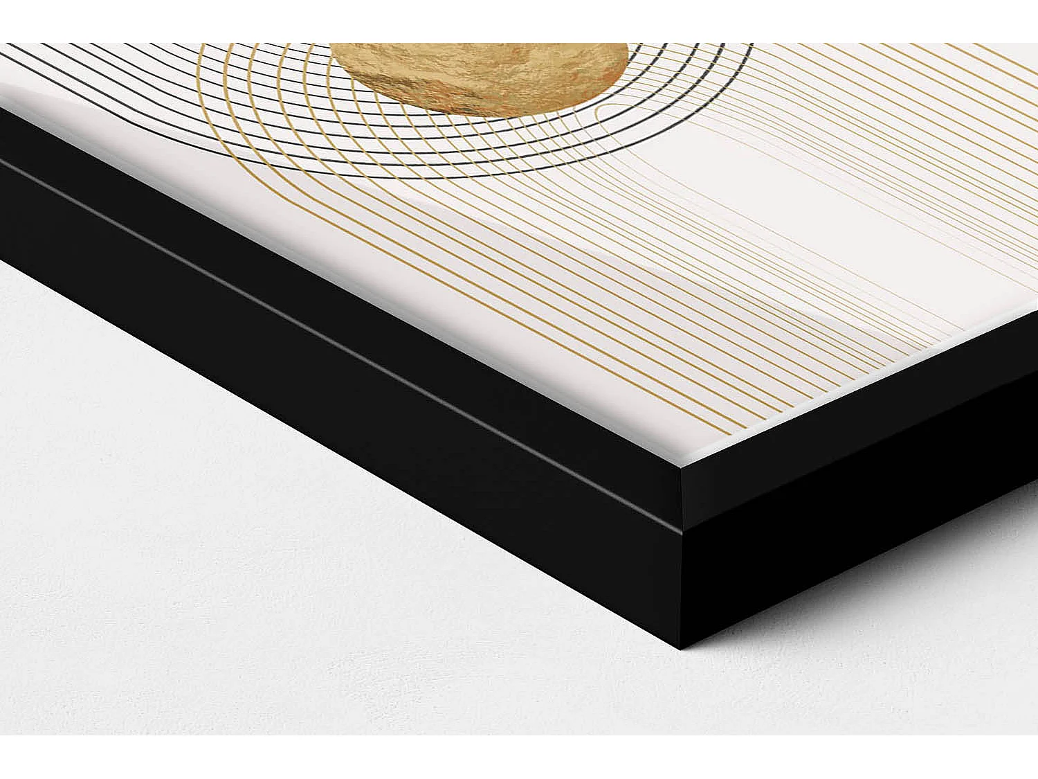 Quadro decorativo con cornice nera, Forme fluide dorate su fondo beige 20 x 30 cm - Perfetto per il soggiorno o la camera da letto