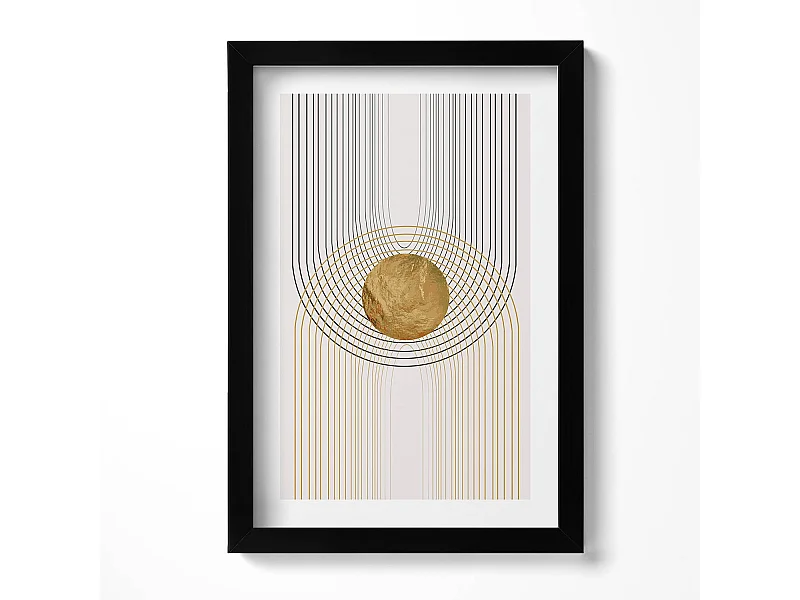 Dekoratives Gemälde mit schwarzem Rahmen, fließende goldene Formen auf beigem Hintergrund, 20 x 30 cm – perfekt für das Wohn- oder Schlafzimmer