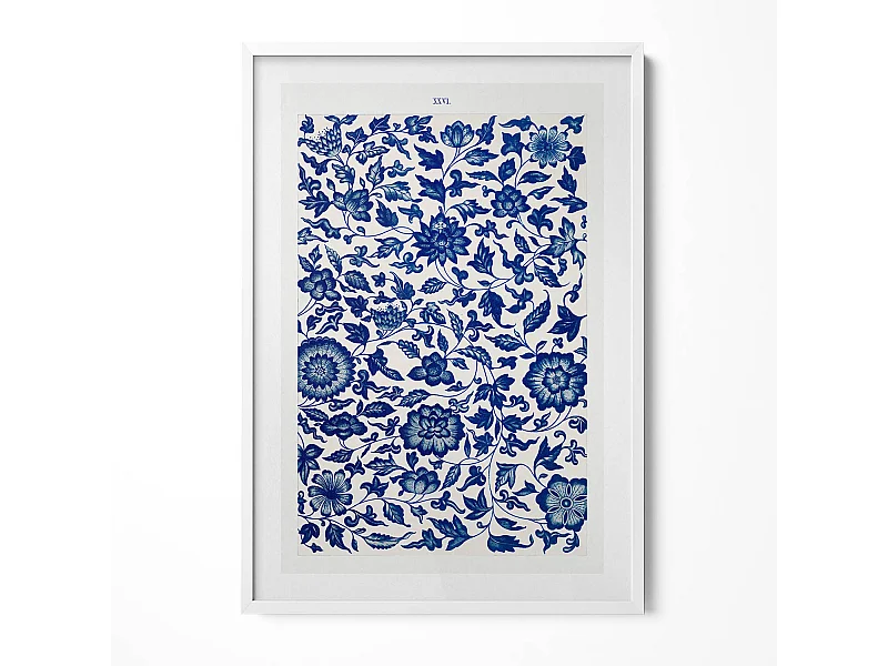 Tableau décoratif avec cadre blanc, Motif floral vintage 70 x 100 cm– Parfait pour le salon ou la chambre