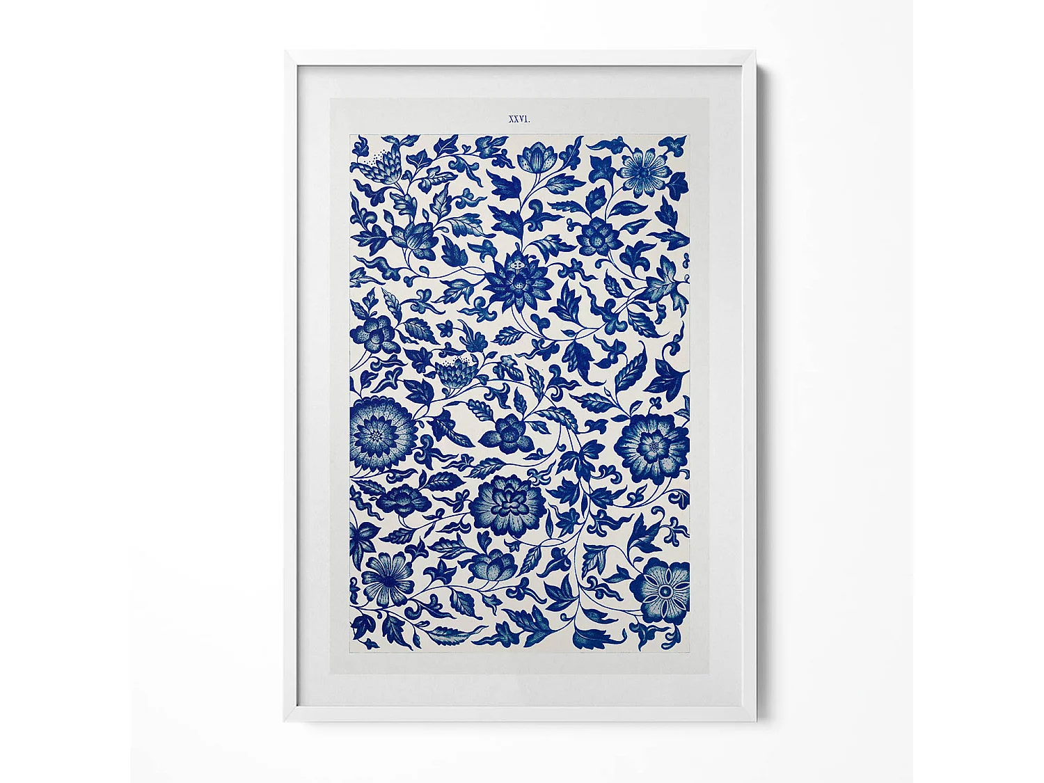 Dekoratives Gemälde mit weißem Rahmen, Vintage-Blumenmuster 70 x 100 cm – perfekt für das Wohn- oder Schlafzimmer