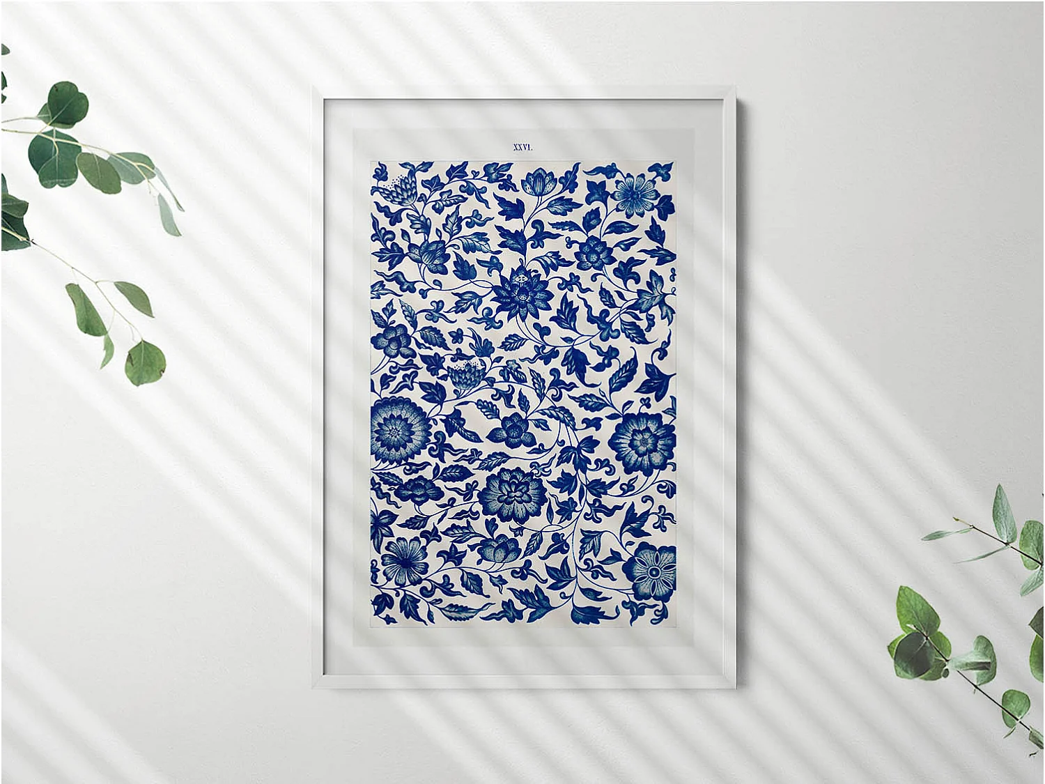 Dekoratives Gemälde mit weißem Rahmen, Vintage-Blumenmuster 70 x 100 cm – perfekt für das Wohn- oder Schlafzimmer