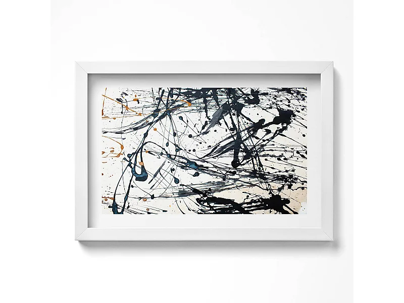 Tableau décoratif avec cadre blanc, Abstraction minimaliste avec détails dorés 30 x 20 cm – Parfait pour le salon ou la chambre