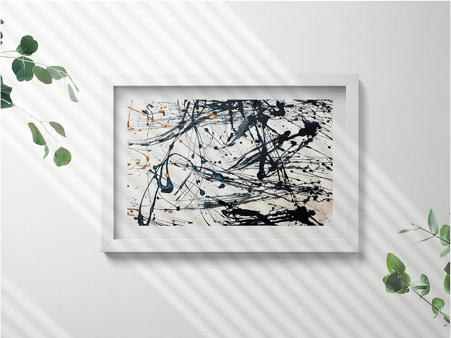 Decoratief schilderij met witte lijst, minimalistische abstractie met gouden details 30 x 20 cm - Perfect voor de woon- of slaapkamer