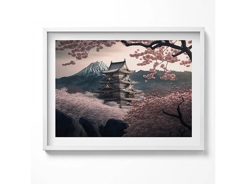 Tableau décoratif avec cadre blanc, Tour asiatique et fleurs de cerisier 80 x 60 cm– Parfait pour le salon ou la chambre