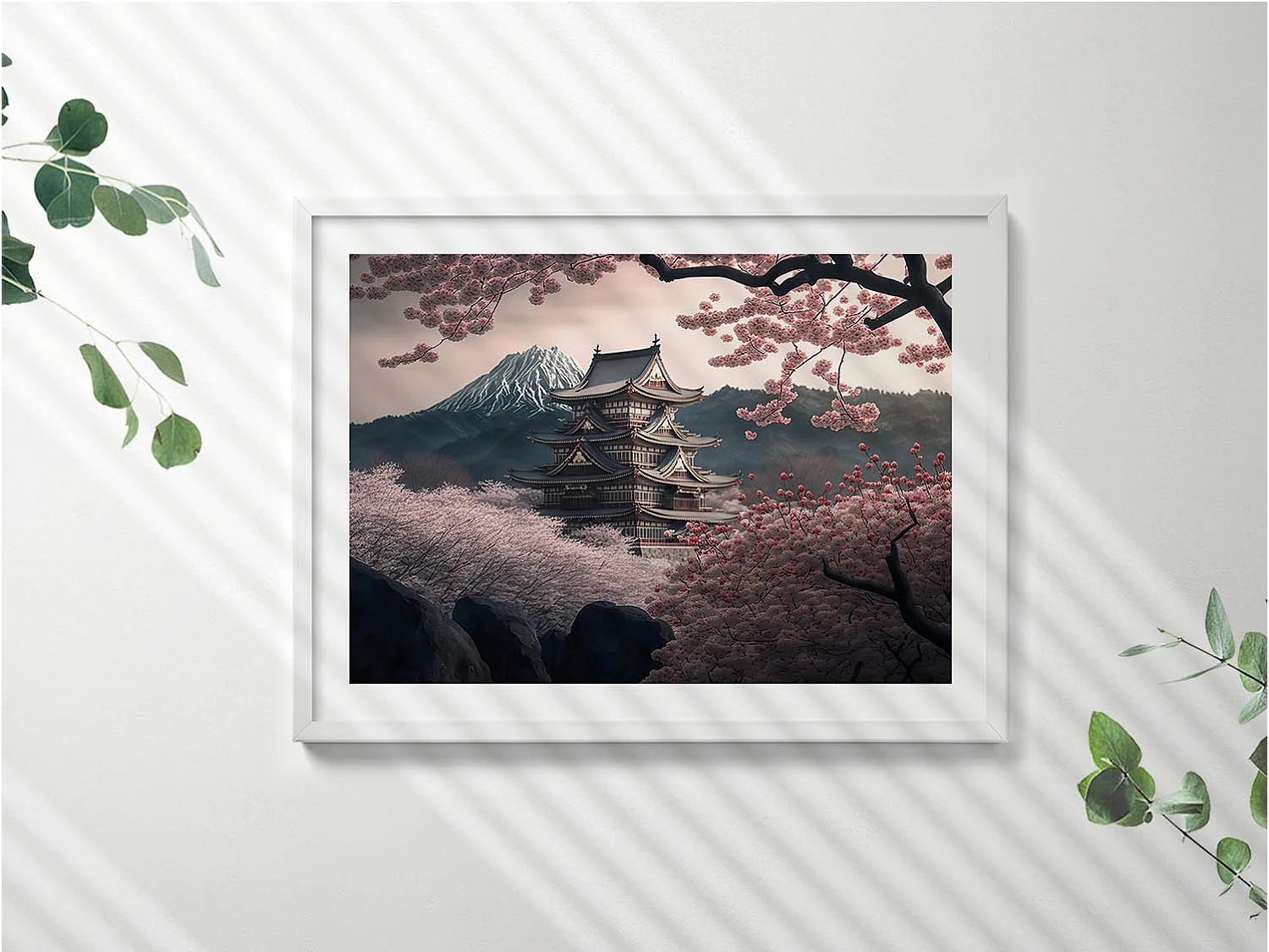 Dekoratives Gemälde mit weißem Rahmen, asiatischem Turm und Kirschblüten 80 x 60 cm – Perfekt für das Wohn- oder Schlafzimmer