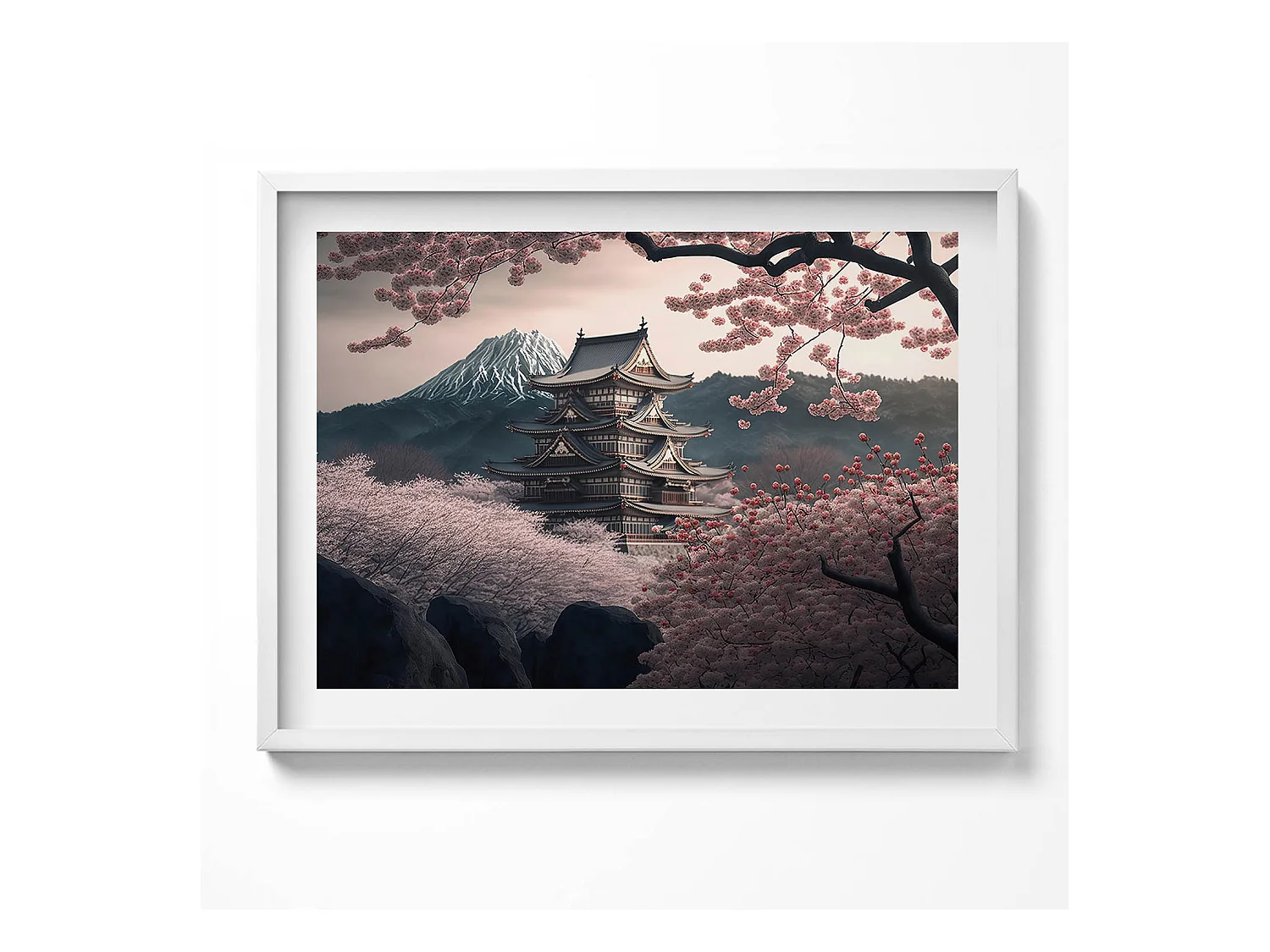 Quadro decorativo con cornice bianca, torre asiatica e fiori di ciliegio 80 x 60 cm – Perfetto per il soggiorno o la camera da letto