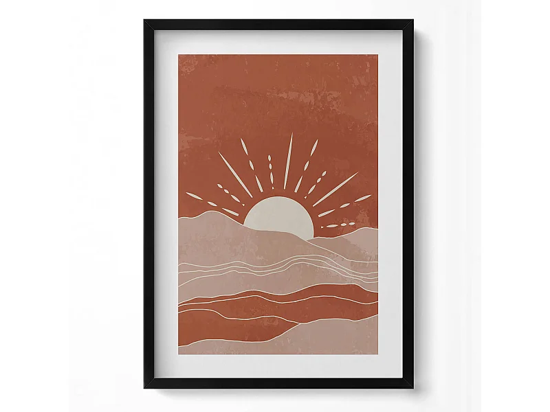 Decoratief schilderij met zwarte lijst, Illustratie van de opkomende zon 50 x 70 cm – Perfect voor de woon- of slaapkamer