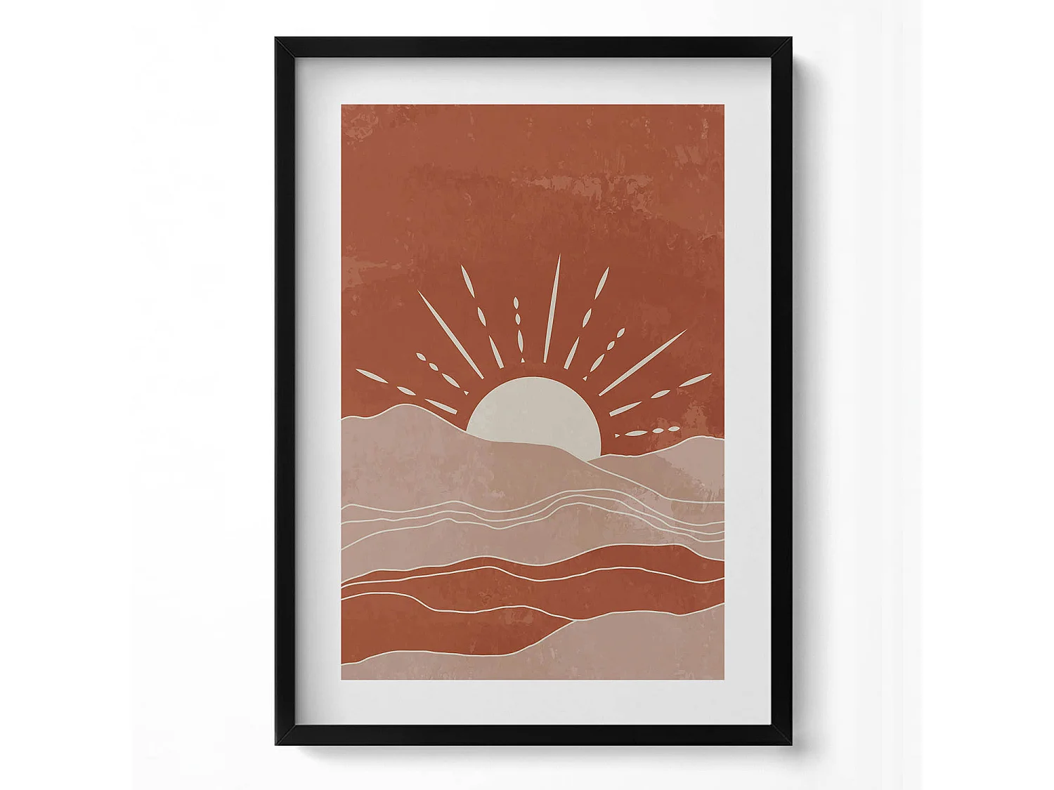 Decoratief schilderij met zwarte lijst, Illustratie van de opkomende zon 50 x 70 cm – Perfect voor de woon- of slaapkamer