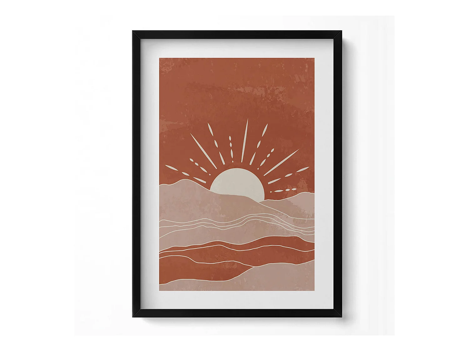 Tableau décoratif avec cadre noir, Illustration du soleil levant 50 x 70 cm– Parfait pour le salon ou la chambre