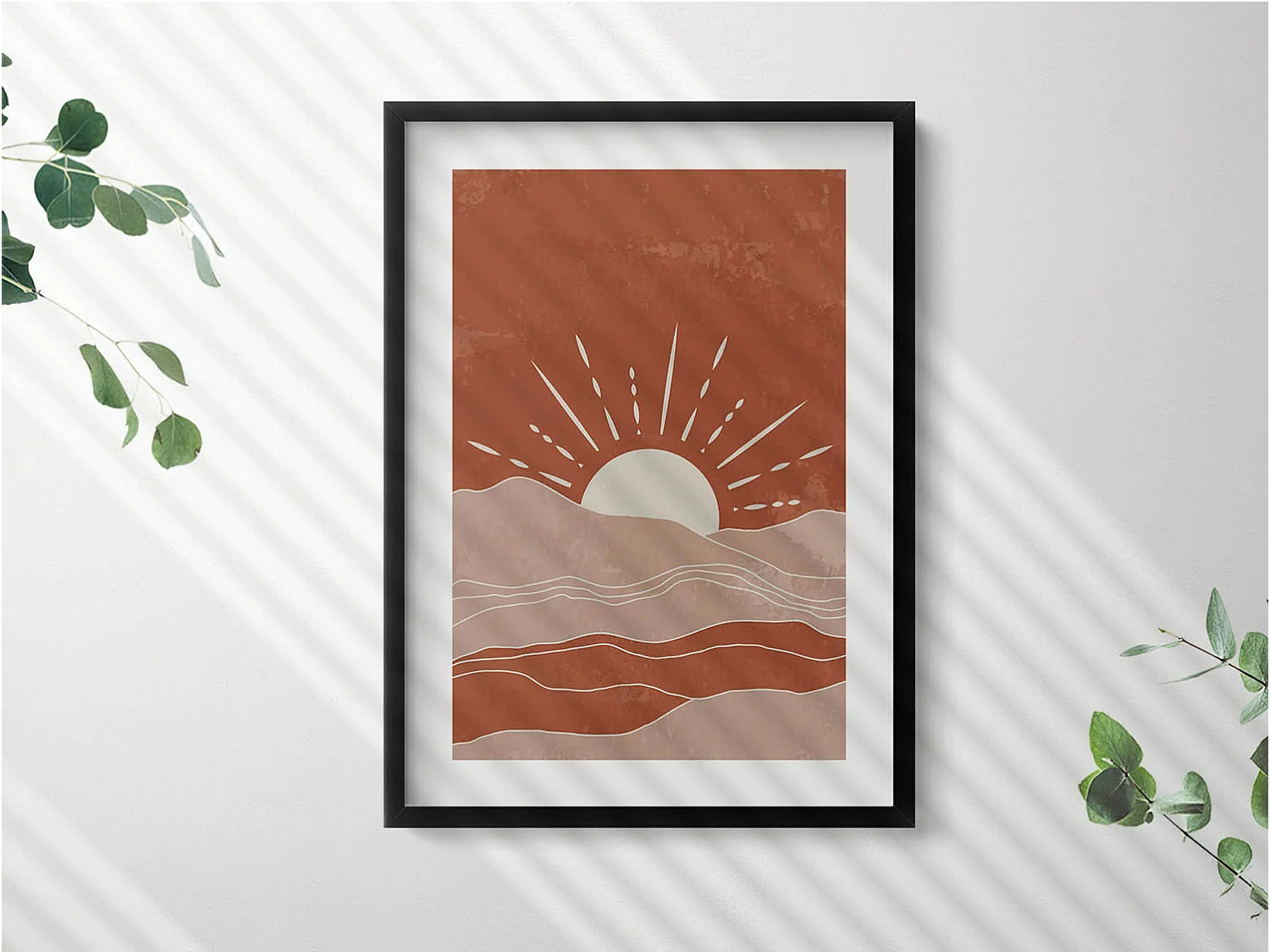 Decoratief schilderij met zwarte lijst, Illustratie van de opkomende zon 50 x 70 cm – Perfect voor de woon- of slaapkamer