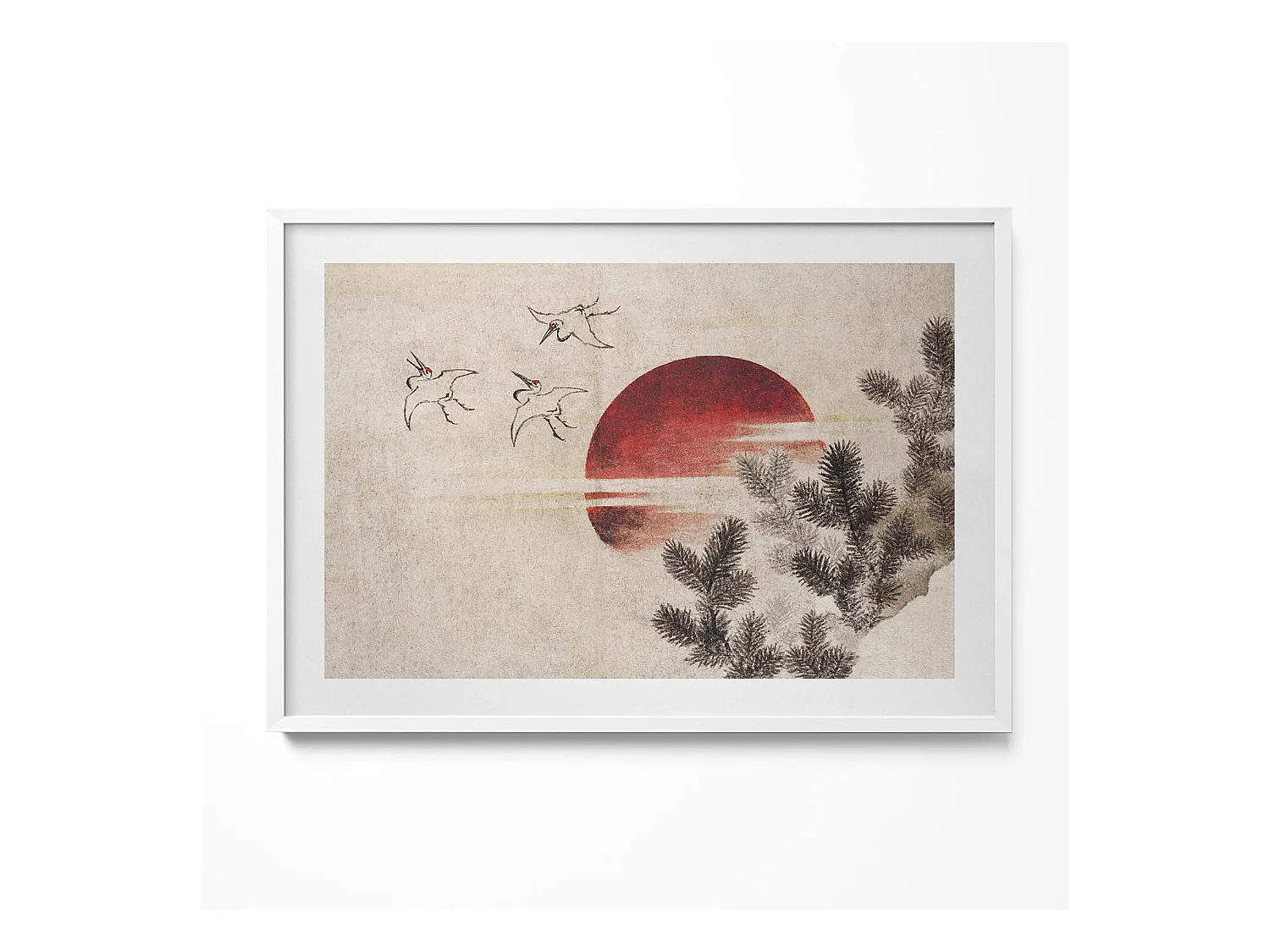 Tableau décoratif avec cadre blanc, Art japonais du soleil couchant 100 x 70 cm– Parfait pour le salon ou la chambre