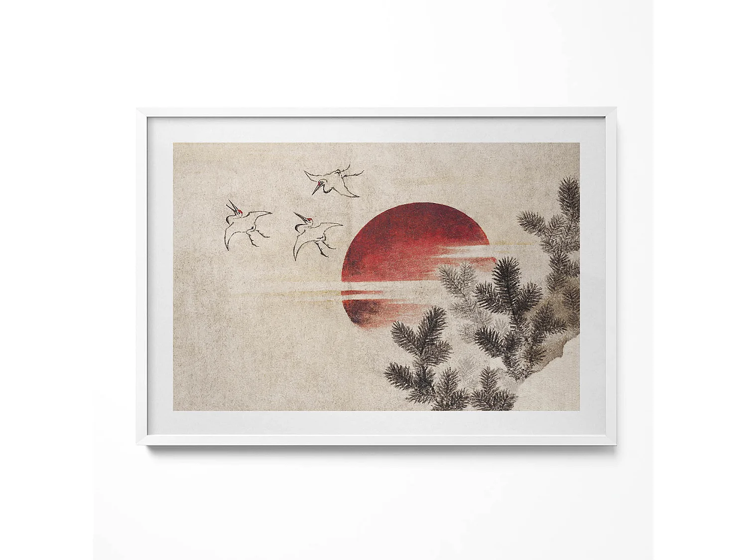 Quadro decorativo con cornice bianca, arte giapponese del sole al tramonto 100 x 70 cm – Perfetto per il soggiorno o la camera da letto