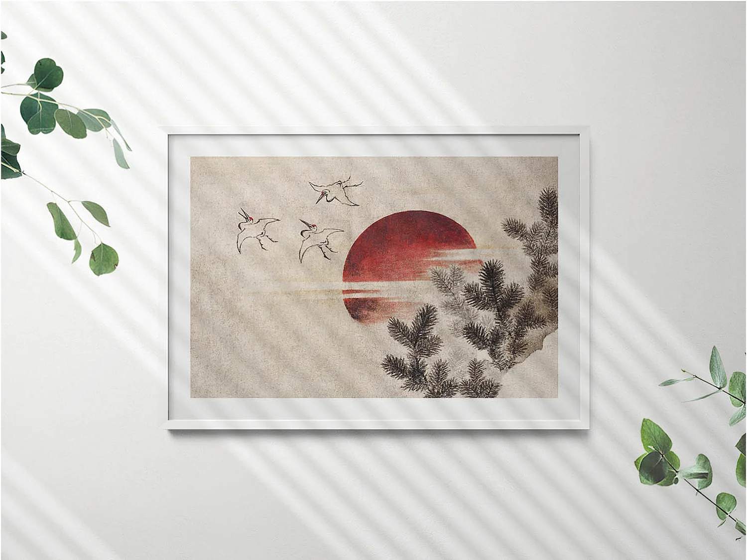 Quadro decorativo con cornice bianca, arte giapponese del sole al tramonto 100 x 70 cm – Perfetto per il soggiorno o la camera da letto