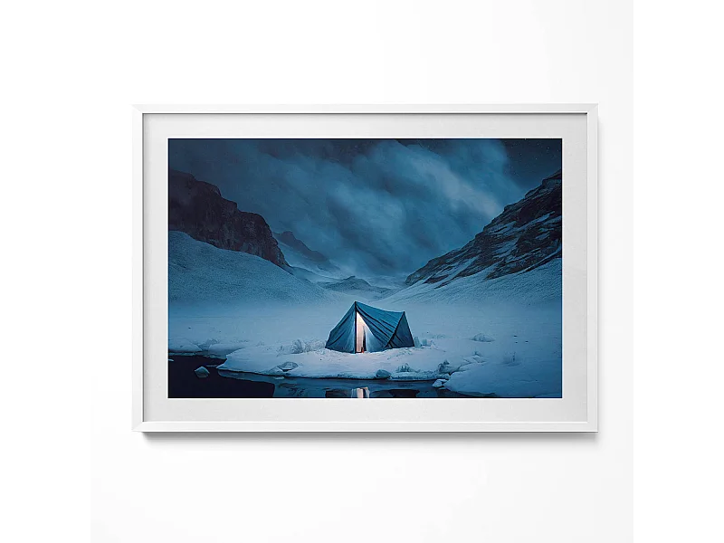 Dekoratives Gemälde mit weißem Rahmen, Zelt in den Bergen Islands 100 x 70 cm – Perfekt für das Wohn- oder Schlafzimmer