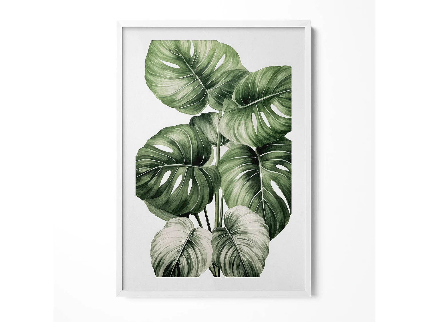 Tableau décoratif avec cadre blanc, Feuilles de monstera peintes 70 x 100 cm– Parfait pour le salon ou la chambre
