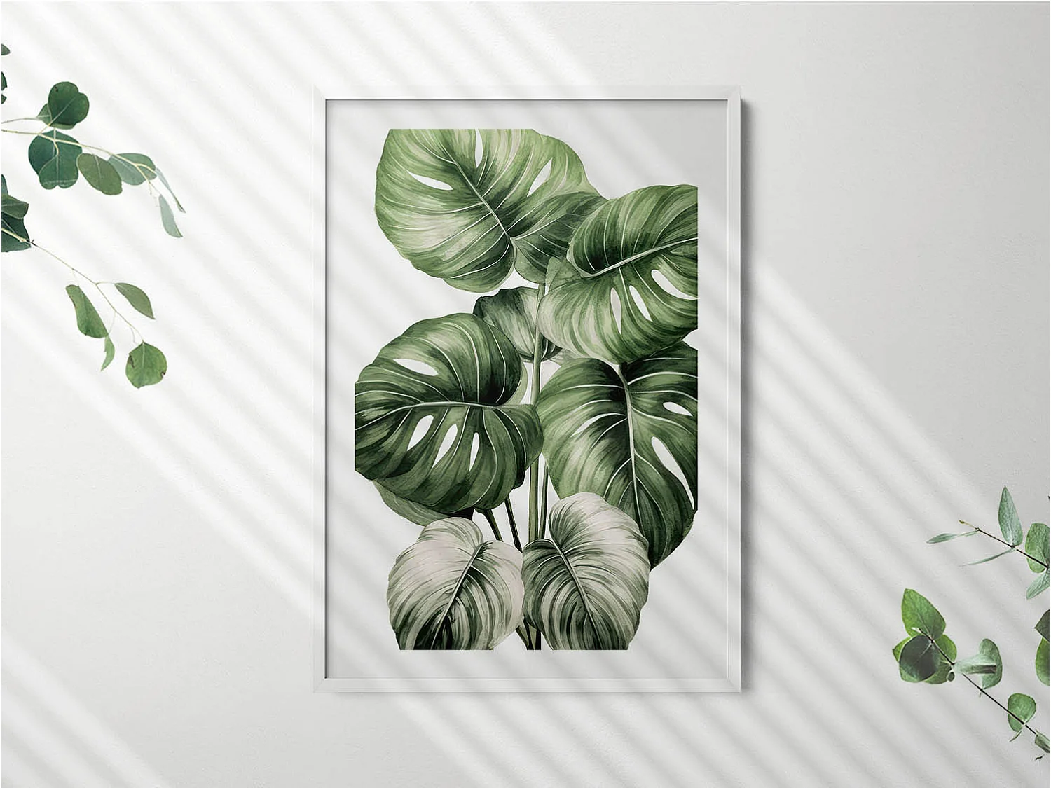 Tableau décoratif avec cadre blanc, Feuilles de monstera peintes 70 x 100 cm– Parfait pour le salon ou la chambre