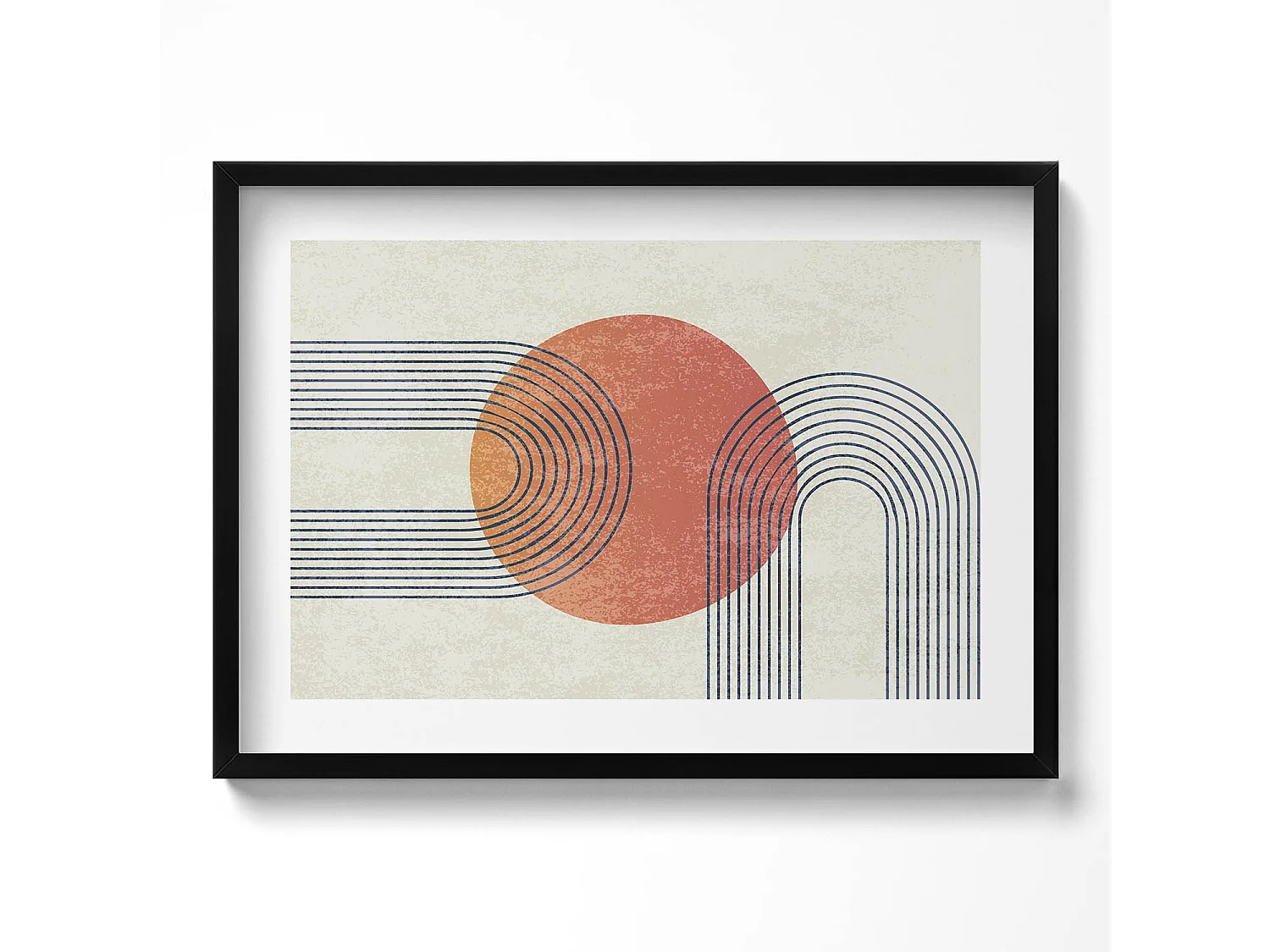 Dekoratives Gemälde mit schwarzem Rahmen, Linien und Kreis moderner Kunst 70 x 50 cm – Perfekt für das Wohn- oder Schlafzimmer