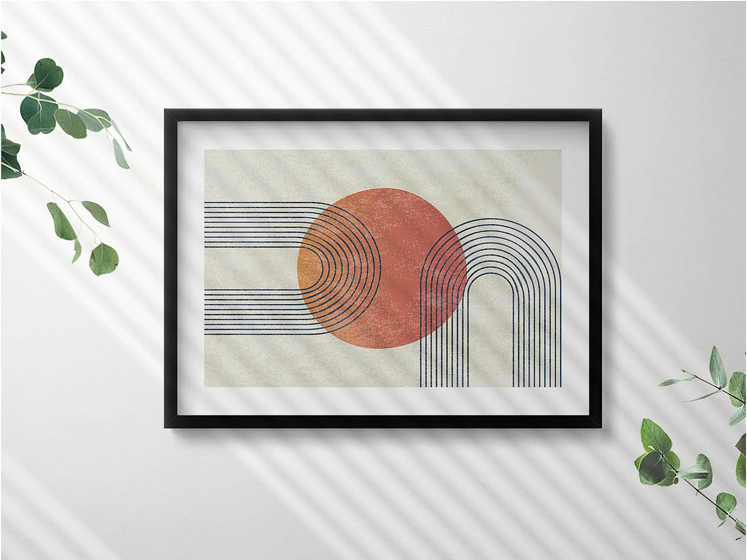 Dekoratives Gemälde mit schwarzem Rahmen, Linien und Kreis moderner Kunst 70 x 50 cm – Perfekt für das Wohn- oder Schlafzimmer