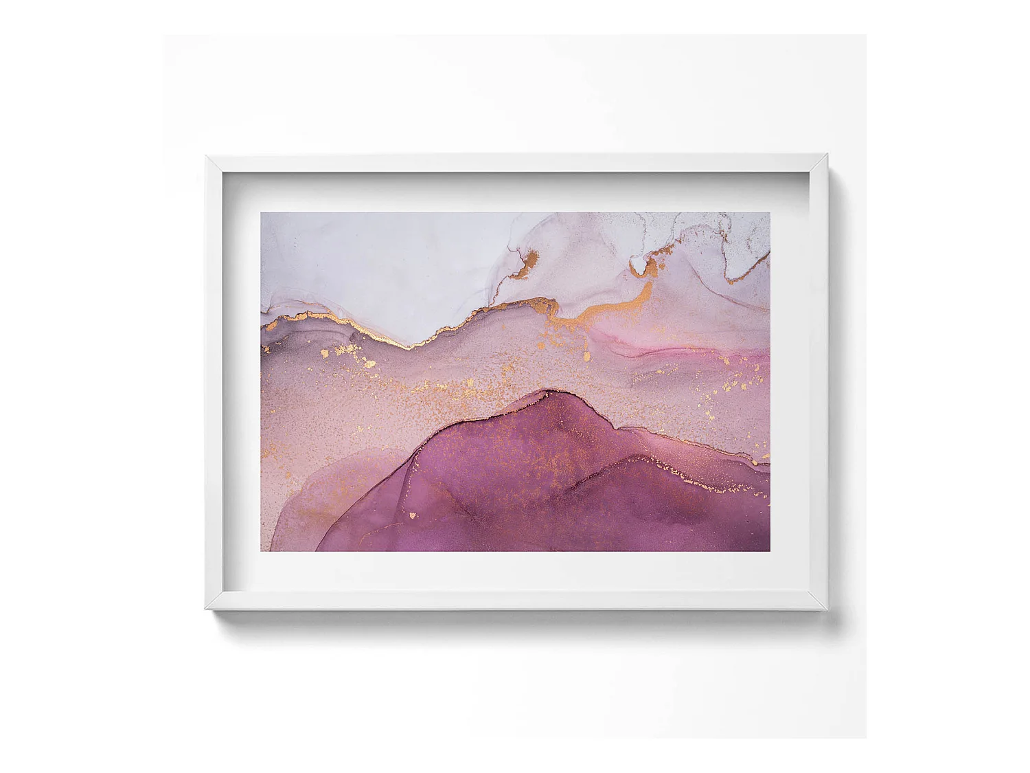 Tableau décoratif avec cadre blanc, Abstraction rose avec de l'or 70 x 50 cm– Parfait pour le salon ou la chambre