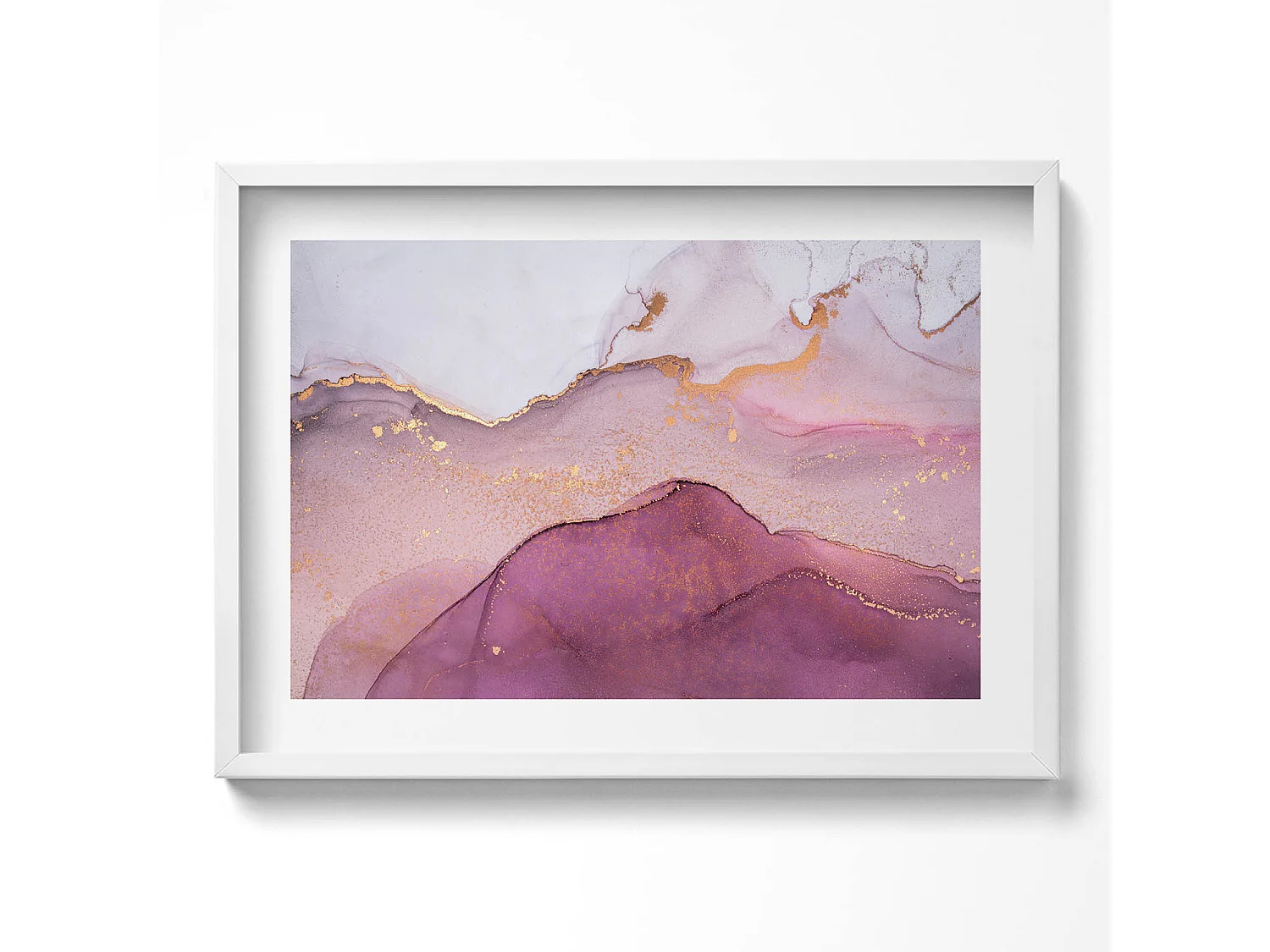 Tableau décoratif avec cadre blanc, Abstraction rose avec de l'or 70 x 50 cm– Parfait pour le salon ou la chambre