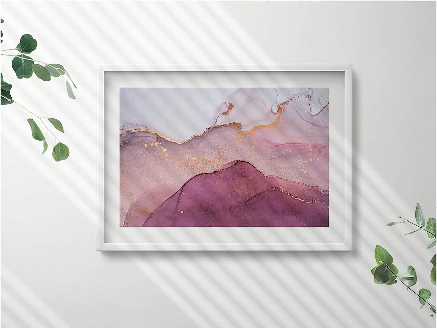 Tableau décoratif avec cadre blanc, Abstraction rose avec de l'or 70 x 50 cm– Parfait pour le salon ou la chambre