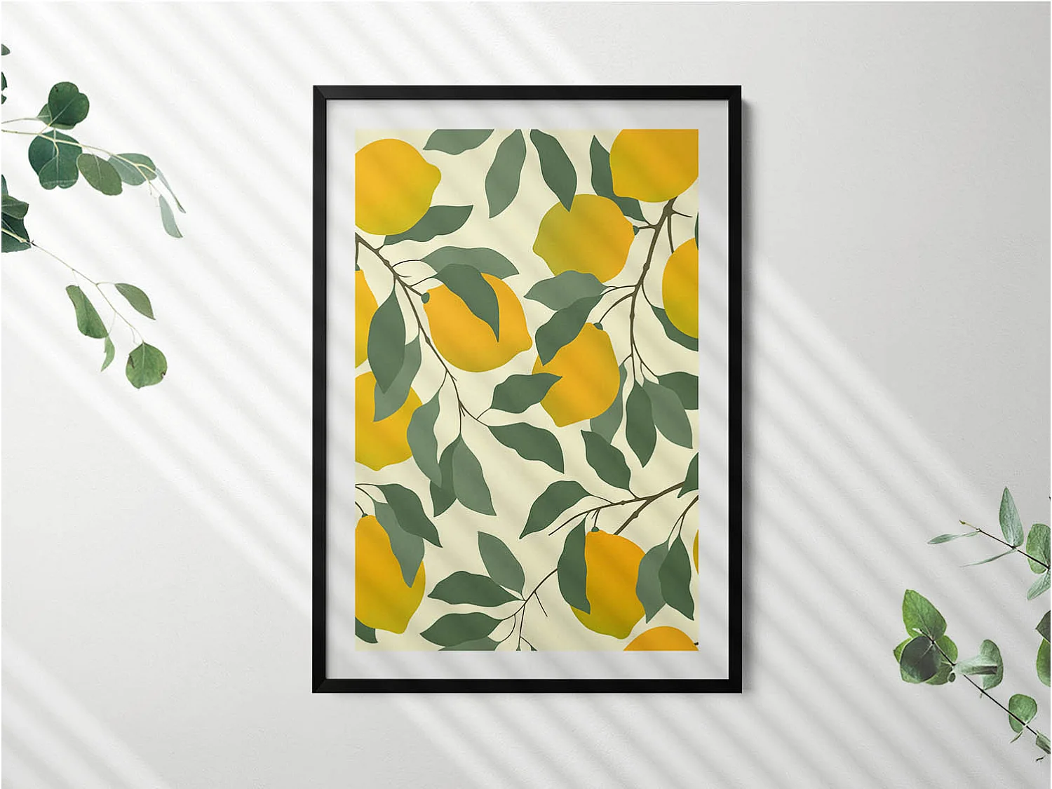 Tableau décoratif avec cadre noir, Illustration de citrons 70 x 100 cm– Parfait pour le salon ou la chambre