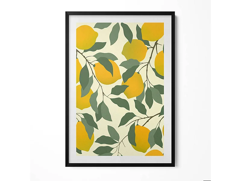 Dekoratives Gemälde mit schwarzem Rahmen, Illustration von Zitronen 70 x 100 cm – Perfekt für das Wohn- oder Schlafzimmer