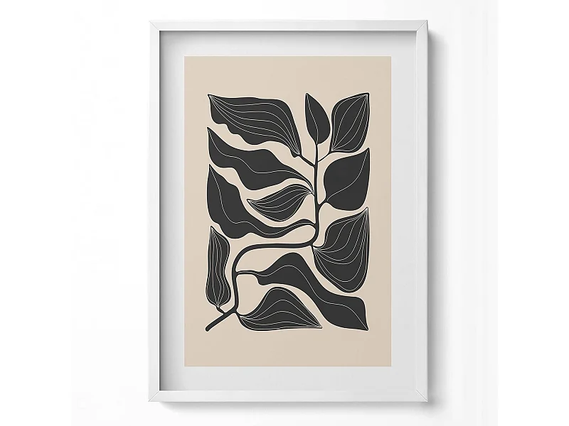 Decoratief schilderij met witte lijst, minimalistische planten 50 x 70 cm – Perfect voor de woon- of slaapkamer