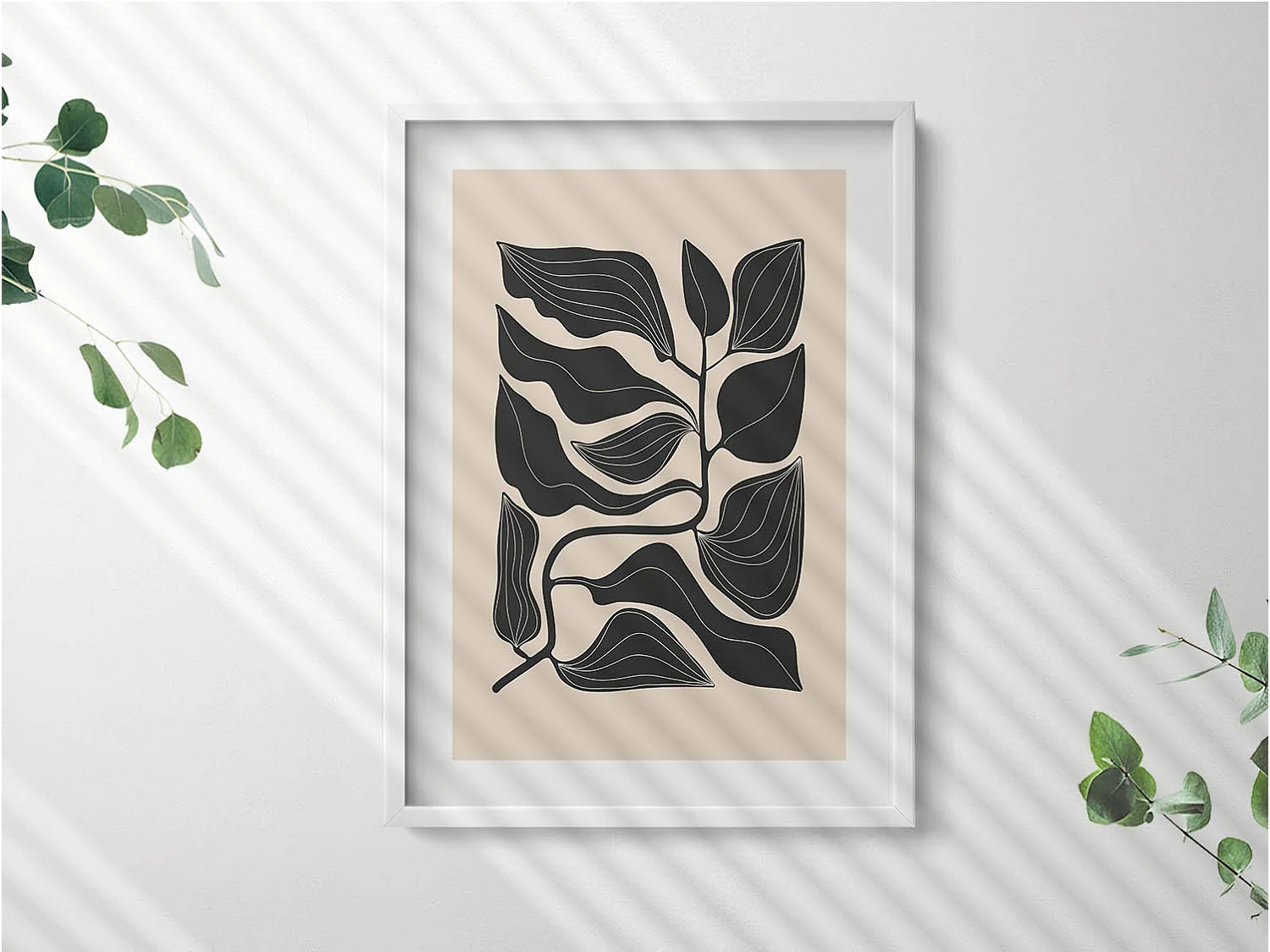 Tableau décoratif avec cadre blanc, Plantes minimalistes 50 x 70 cm– Parfait pour le salon ou la chambre