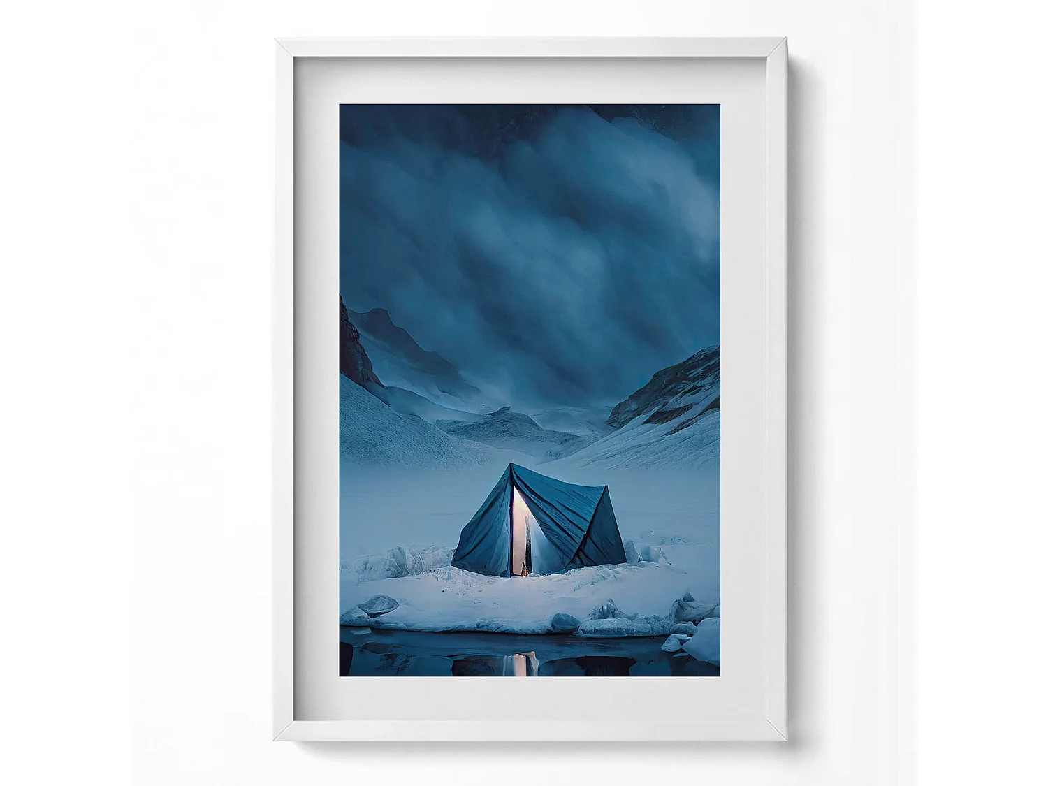 Dekoratives Gemälde mit weißem Rahmen, Zelt in den Bergen Islands 50 x 70 cm – Perfekt für das Wohn- oder Schlafzimmer