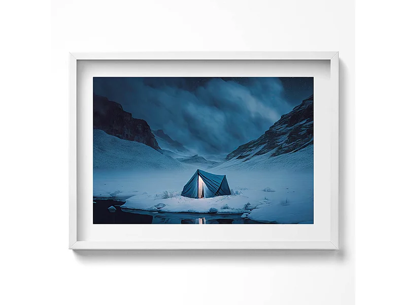 Dekoratives Gemälde mit weißem Rahmen, Zelt in den Bergen Islands 70 x 50 cm – Perfekt für das Wohn- oder Schlafzimmer