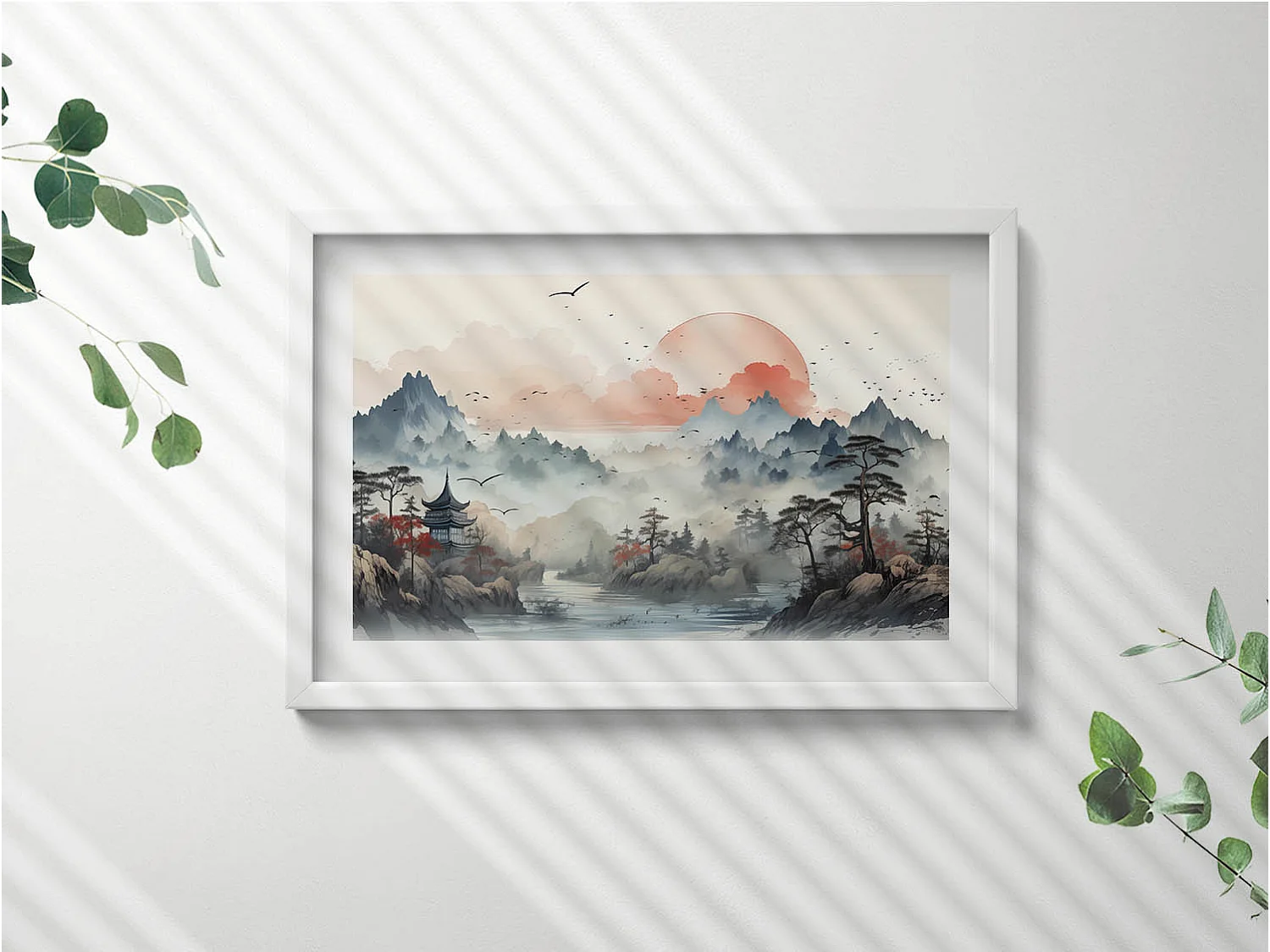 Cuadro decorativo con marco blanco, Paisaje de bosque de montaña 60 x 40 cm – Perfecto para el salón o el dormitorio