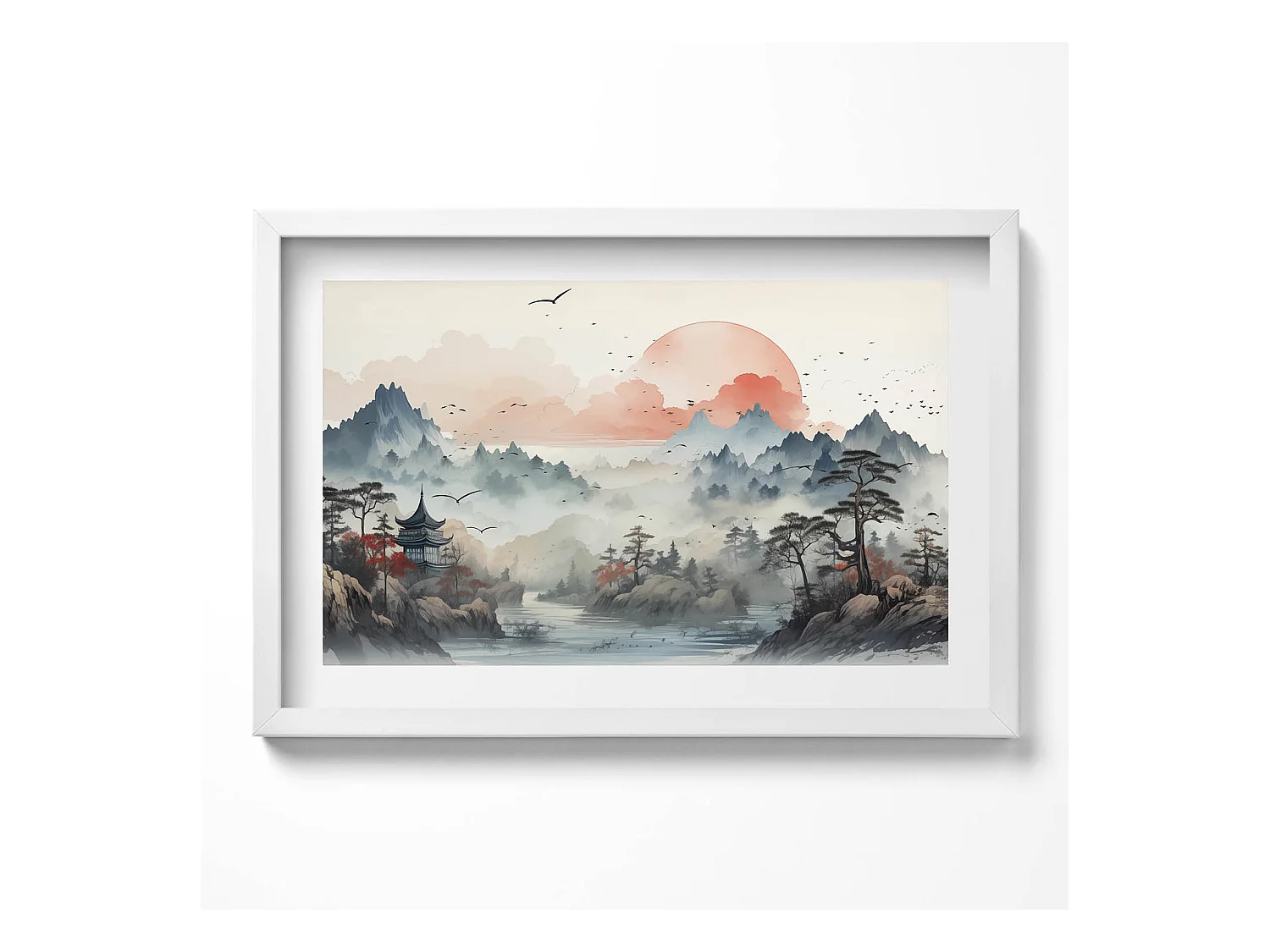Tableau décoratif avec cadre blanc, Paysage forestier de montagne 60 x 40 cm– Parfait pour le salon ou la chambre