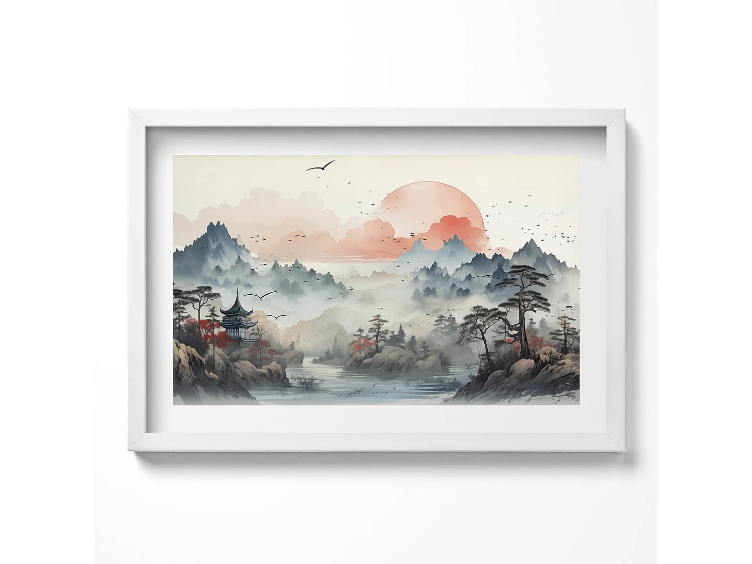 Tableau décoratif avec cadre blanc, Paysage forestier de montagne 60 x 40 cm– Parfait pour le salon ou la chambre