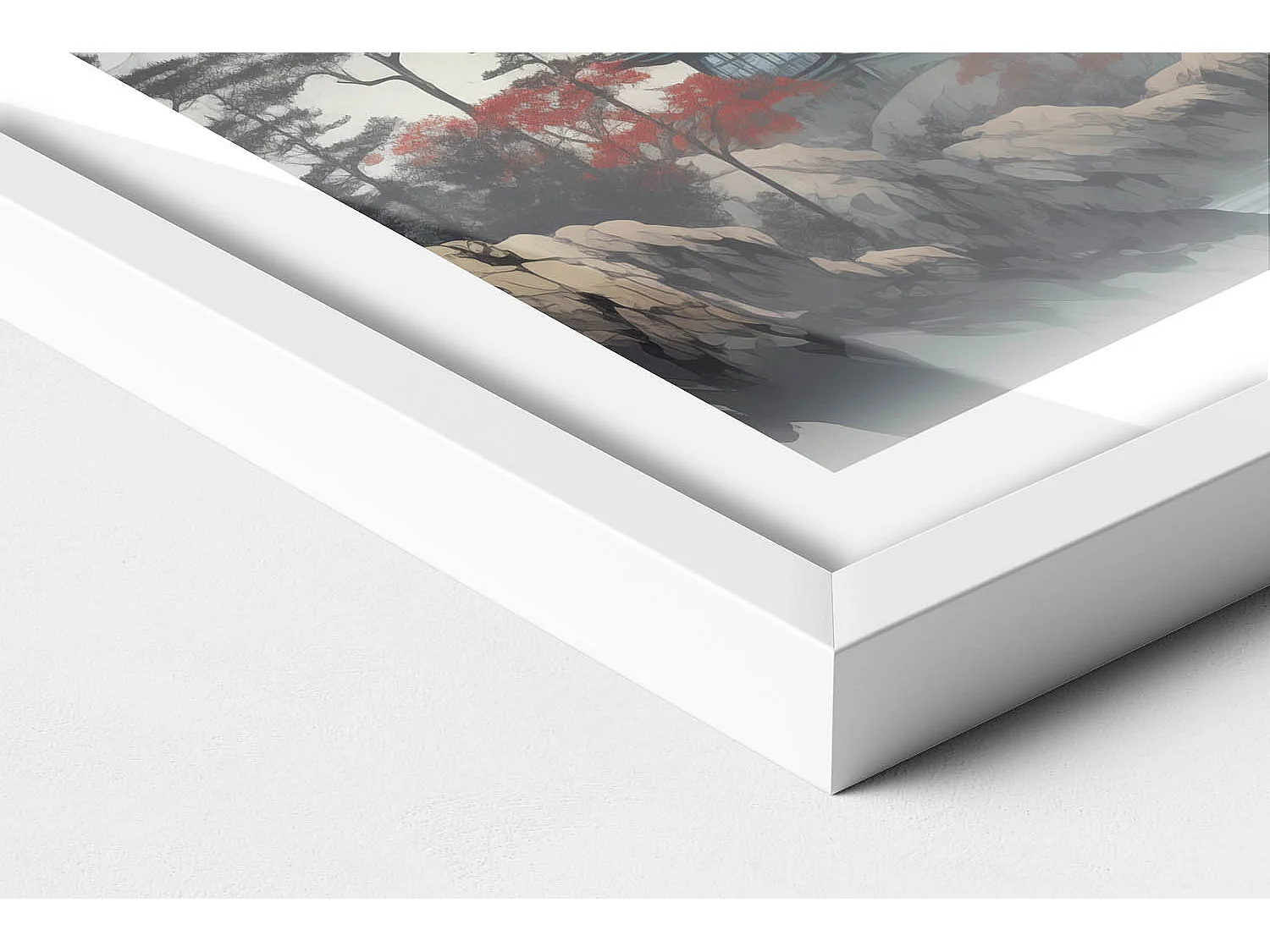 Tableau décoratif avec cadre blanc, Paysage forestier de montagne 60 x 40 cm– Parfait pour le salon ou la chambre