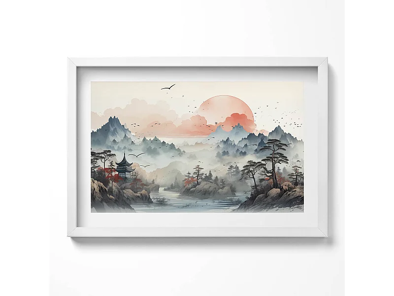 Dekoratives Gemälde mit weißem Rahmen, Bergwaldlandschaft 60 x 40 cm – Perfekt für das Wohn- oder Schlafzimmer