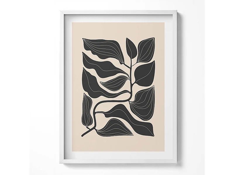 Tableau décoratif avec cadre blanc, Plantes minimalistes 60 x 80 cm– Parfait pour le salon ou la chambre