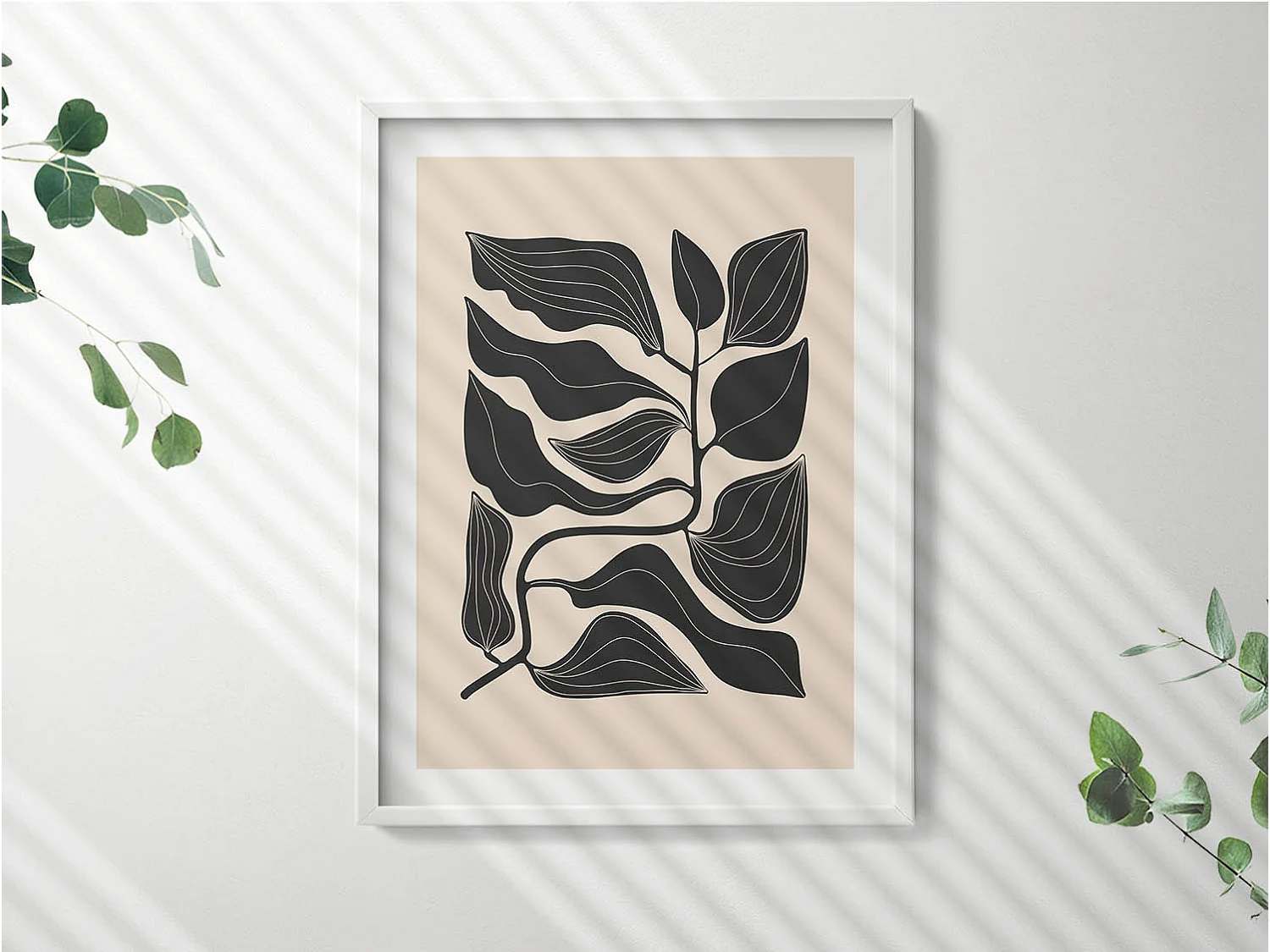 Dekoratives Gemälde mit weißem Rahmen, minimalistische Pflanzen 60 x 80 cm – perfekt für das Wohn- oder Schlafzimmer