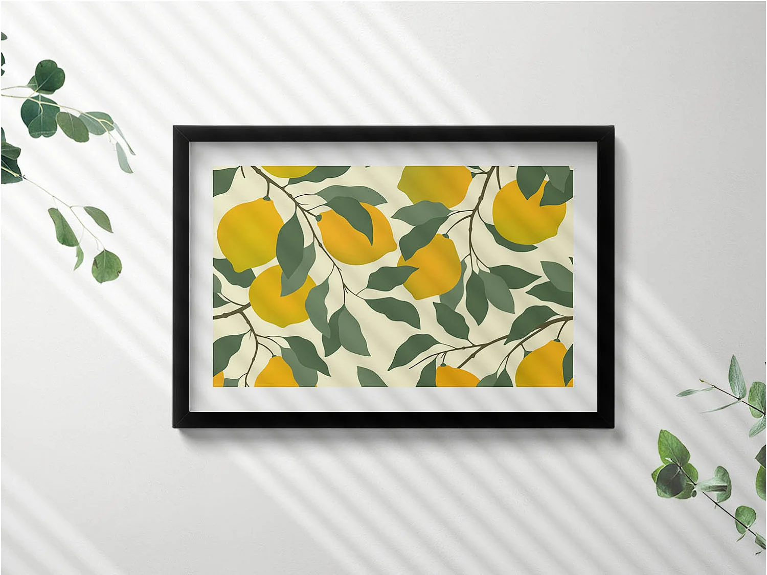 Tableau décoratif avec cadre noir, Illustration de citrons 60 x 40 cm– Parfait pour le salon ou la chambre