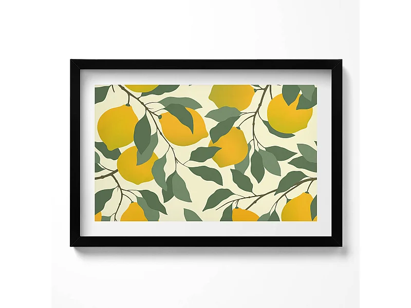 Dekoratives Gemälde mit schwarzem Rahmen, Illustration von Zitronen 60 x 40 cm – Perfekt für das Wohn- oder Schlafzimmer