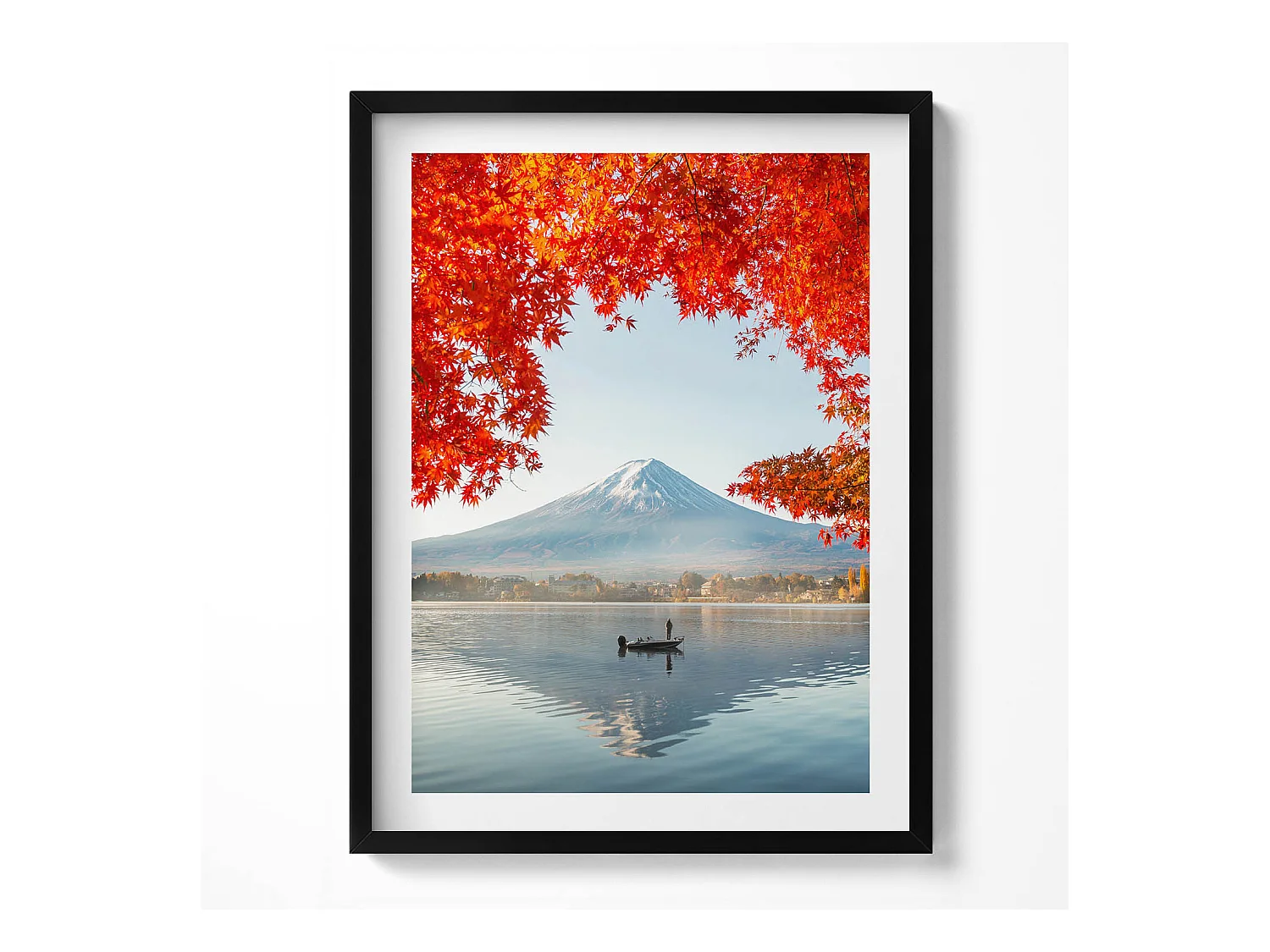 Tableau décoratif avec cadre noir, Paysage du Mont Fuji sous l'arbre rouge 60 x 80 cm– Parfait pour le salon ou la chambre