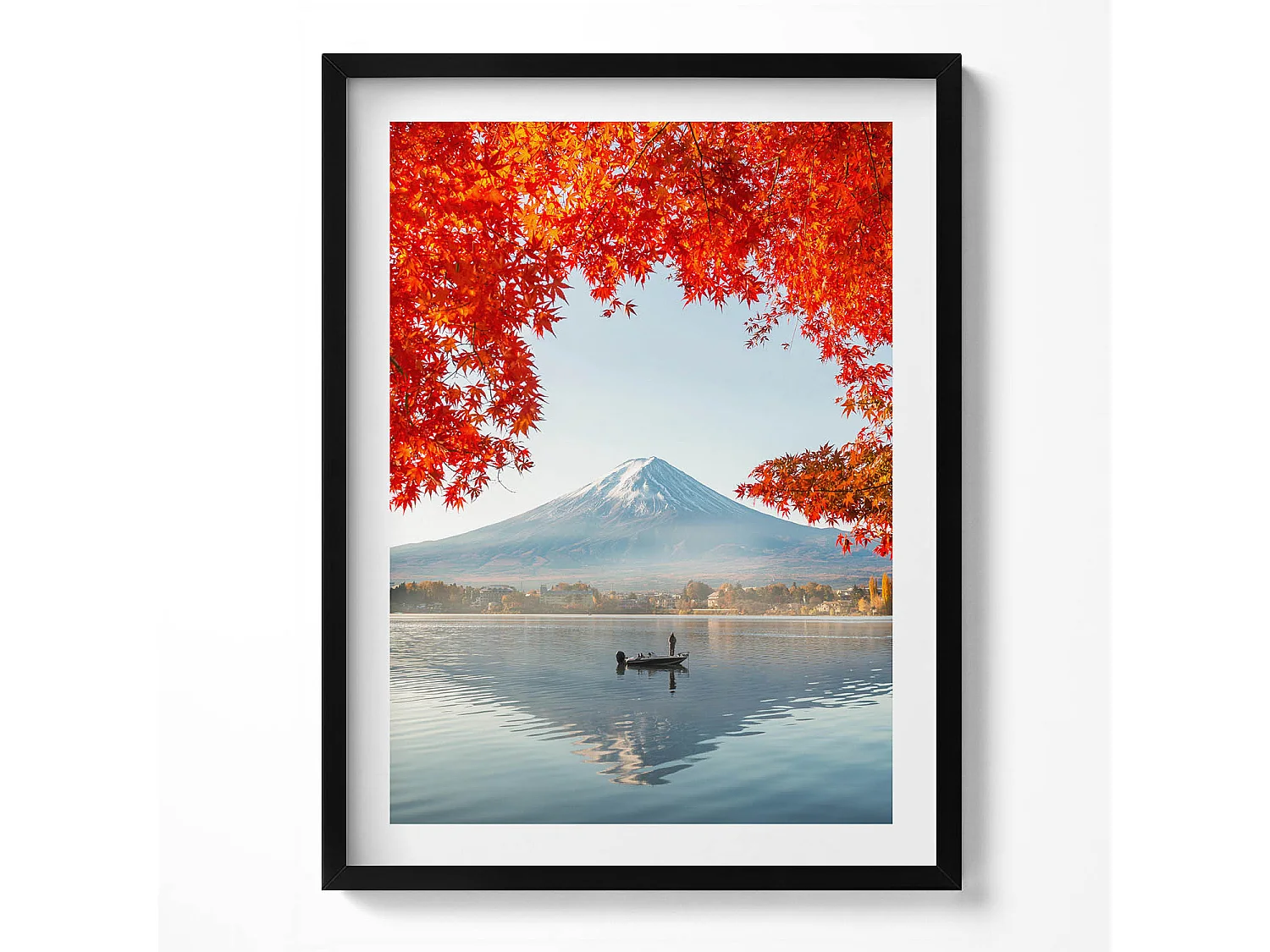 Tableau décoratif avec cadre noir, Paysage du Mont Fuji sous l'arbre rouge 60 x 80 cm– Parfait pour le salon ou la chambre