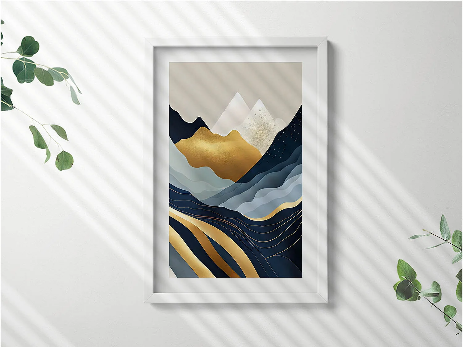 Tableau décoratif avec cadre blanc, Montagnes abstraites 40 x 60 cm– Parfait pour le salon ou la chambre