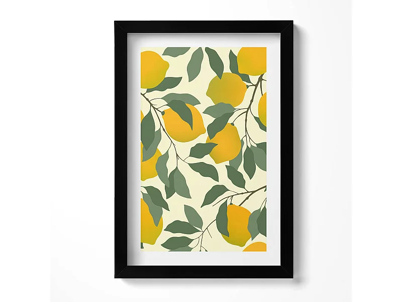 Dekoratives Gemälde mit schwarzem Rahmen, Illustration von Zitronen 20 x 30 cm – Perfekt für das Wohn- oder Schlafzimmer