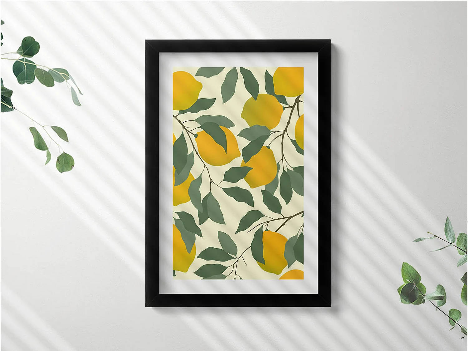 Dekoratives Gemälde mit schwarzem Rahmen, Illustration von Zitronen 20 x 30 cm – Perfekt für das Wohn- oder Schlafzimmer