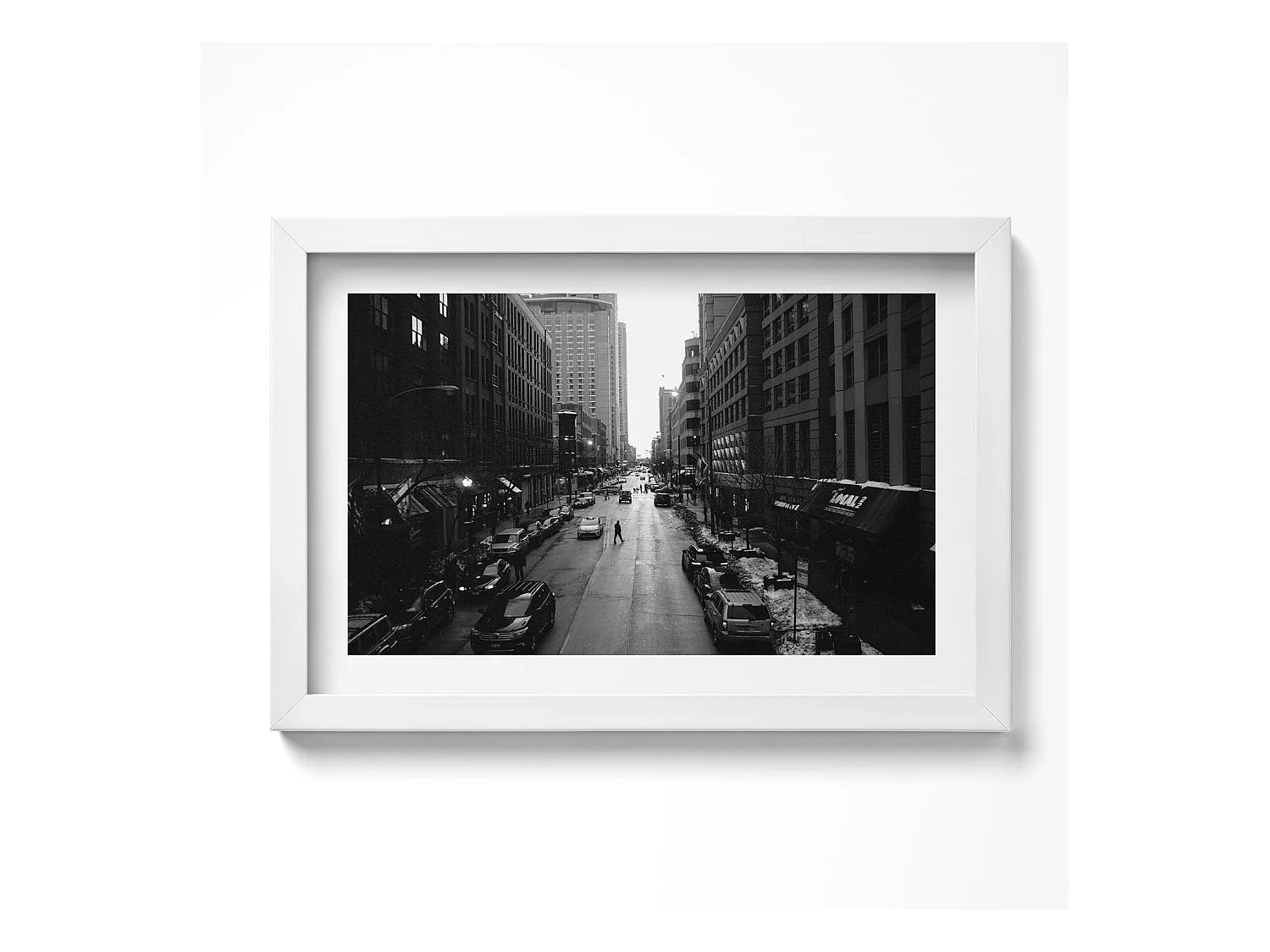 Tableau décoratif avec cadre blanc, Rues noires et blanches de Chicago 30 x 20 cm – Parfait pour le salon ou la chambre