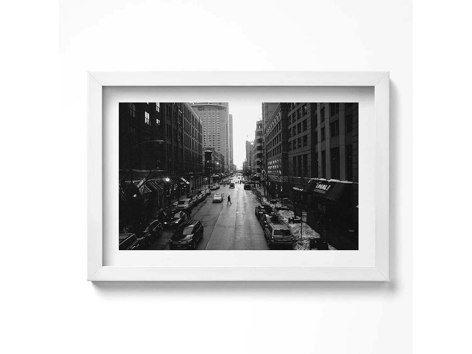 Tableau décoratif avec cadre blanc, Rues noires et blanches de Chicago 30 x 20 cm – Parfait pour le salon ou la chambre